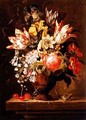 Still Life of Flowers in a Vase with a Lizard on a Ledge - Jacob Marrel