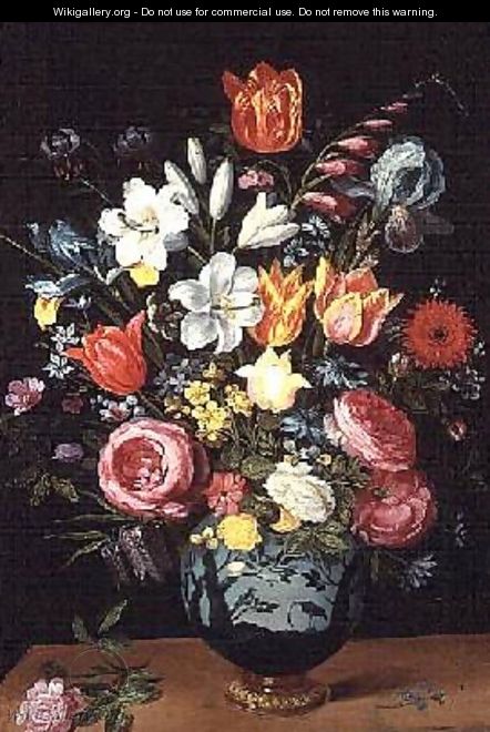A Still Life of Flowers in a Porcelain Vase Resting on a Ledge - Phillipe de Marlier