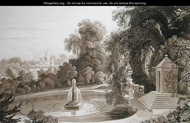 View of the Temple of Suryah and the Fountain of Mahah Doo with a distant view of the north side of the Mansion House - John Martin