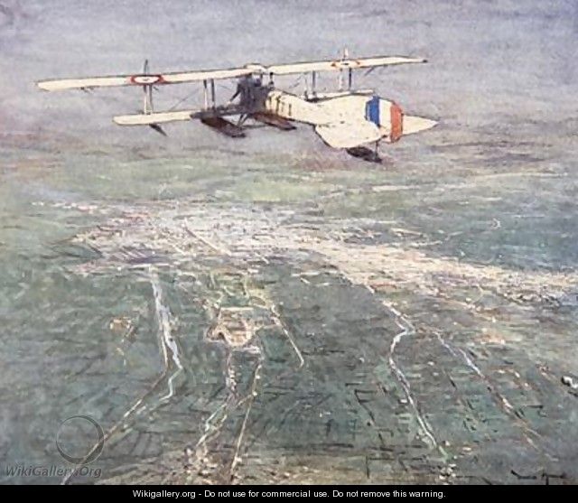 Sea plane flying over Damascus illustration from The Naval Front by Gordon S Maxwell 1920 - (after) Maxwell, Donald