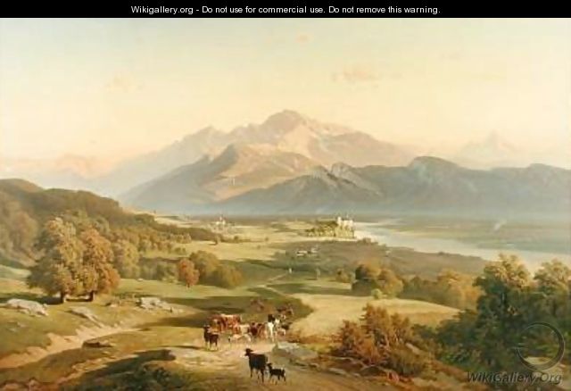 Drover on Horseback with his Cattle in a Mountainous Landscape with Schloss Anif, Salzburg beyond 1870 - Josef Mayburger