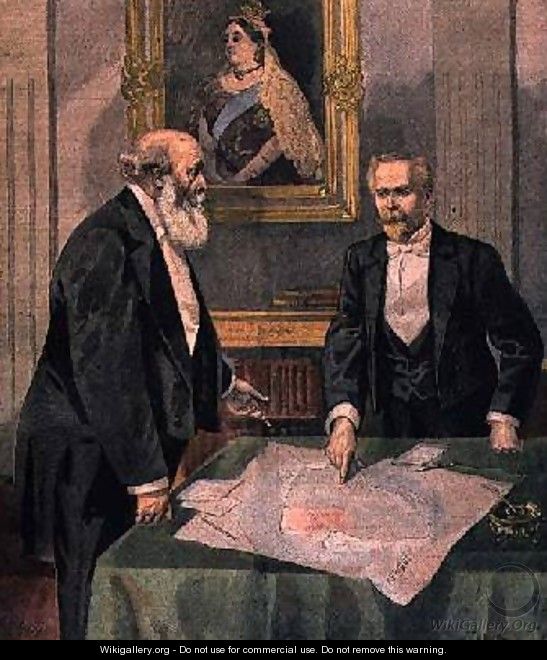 Anglo French Convention signed in London by Paul Cambon 1843-1924 the French Ambassador and Lord Salisbury 1830-1904 the British Prime Minister from Le Petit Journal 9th April 1899 - Tofani, Oswaldo Meaulle, F.L. &