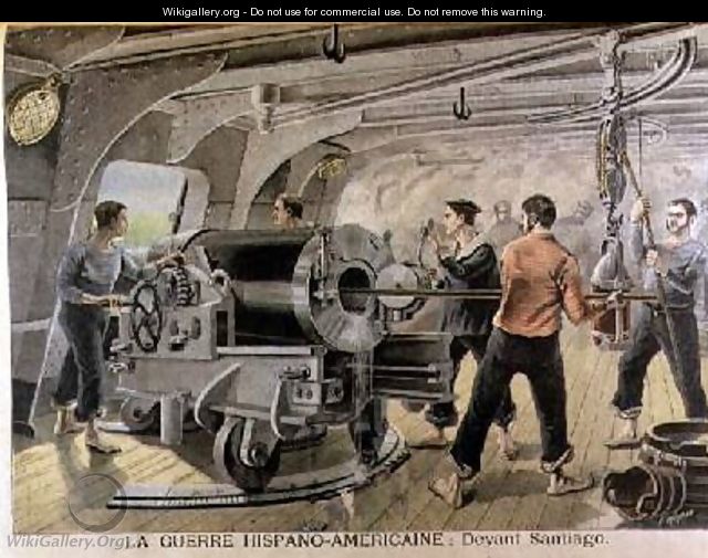 Manoeuvering of a Cannon by the Spanish Marines in front of Santiago Cuba illustration from Le Petit Journal June 1898 - Fortune Louis Meaulle
