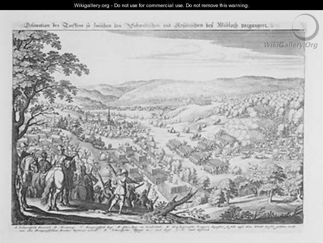 Battle of Wiesloch between the protestant Swedish and the catholic imperial armies on 16 August 1632 from Theatrum Europaeum Volume II 1637 - Matthäus the Elder Merian