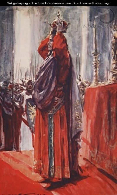 He reached the altar where the crown lay lifting it he placed it upon his head illustration from A History of Germany - A.C. Michael