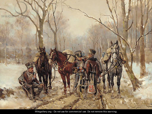 French hussars in a winter landscape - Guido Sigriste