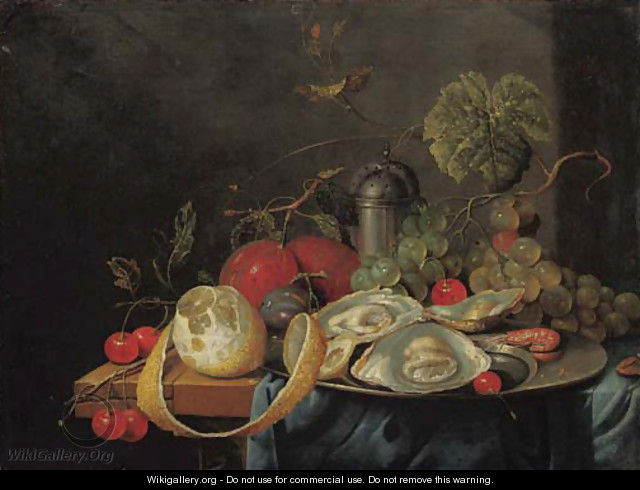 Oysters and a prawn on a pewter plate, a partly peeled lemon, plums, grapes and cherries on a partly draped table - Guilliam van Deynum