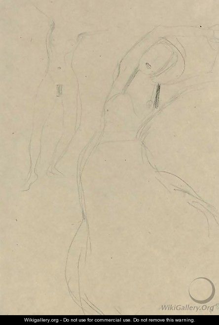 Tanzender Akt mit erhobenen ausgebreiteten Armun und bekleidete Tanzerin - Gustav Klimt