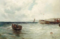 Fishing boats off a jetty - Gustave de Breanski