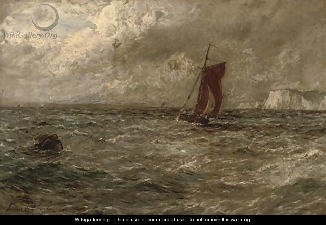 A fishing boat off a coastline, in a stormy sea - Gustave de Breanski
