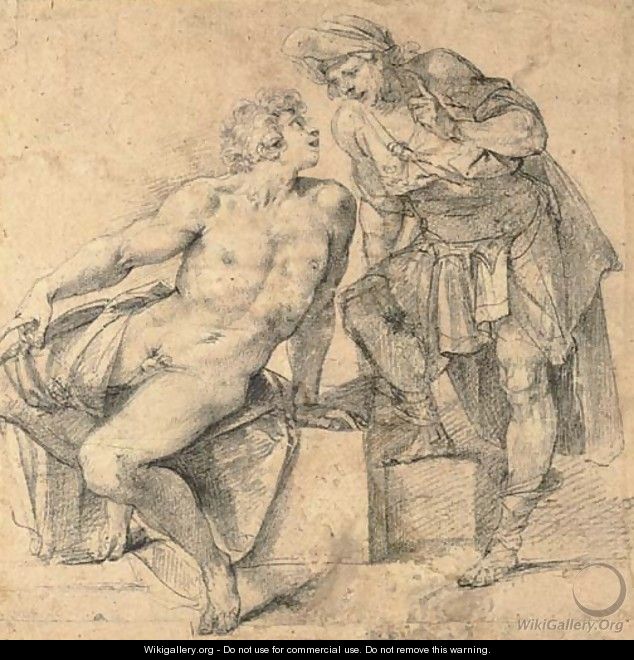 A seated nude youth turning addressed by a soldier - Giuseppe (d