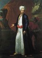 Portrait of a gentleman, full-length, in Ottoman robes, a page beside him, on a terrace before a Solomonic column - Giuseppe Bonito