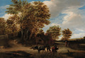 A wooded landscape with a herdsman and cattle on a track, peasants and a cottage beyond - Godaert Kamper