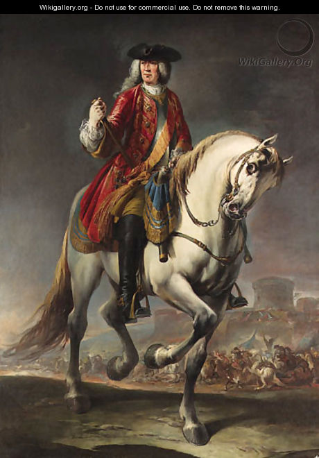 Equestrian portrait of Field Marshal Count Johann Matthias von der Schulenburg, full-length, in a red coat and a breastplate on a grey mare - Giuseppe Nogari