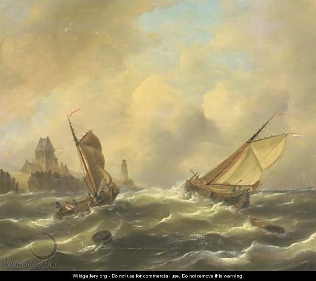 Sailing in a stiff breeze by a coast - Govert Van Emmerik