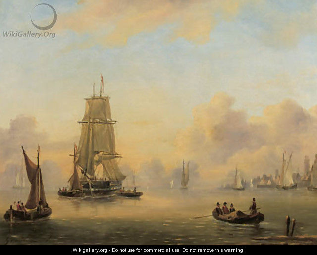 A two-master in a calm, a harbour beyond - Govert Van Emmerik