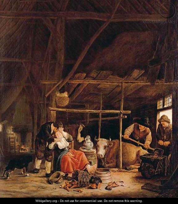 An amorous couple in a barn with herdsmen at the door - Govert Dircksz. Camphuyzen