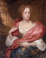 Portrait of a lady, three-quarter-length, in a blue dress with gold embroidery and a red shawl, seated in a landscape - Godfried Schalcken