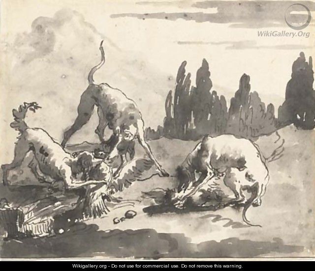 Dogs attacking chickens in a landscape - Giovanni Domenico Tiepolo
