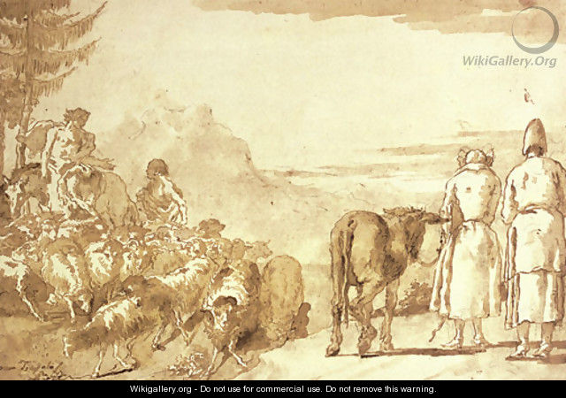 A pastoral scene with two shepherds tending their flock and a peasant couple leading a donkey - Giovanni Domenico Tiepolo