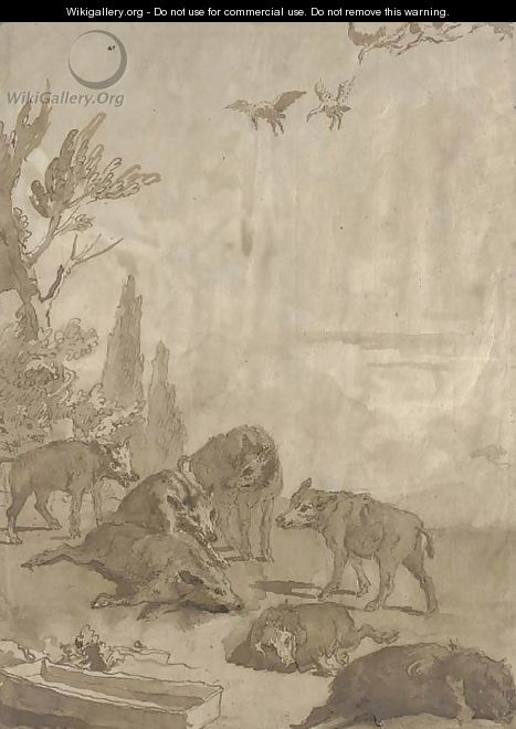 A pack of wolves with three dead boar, a flock of geese above - Giovanni Domenico Tiepolo