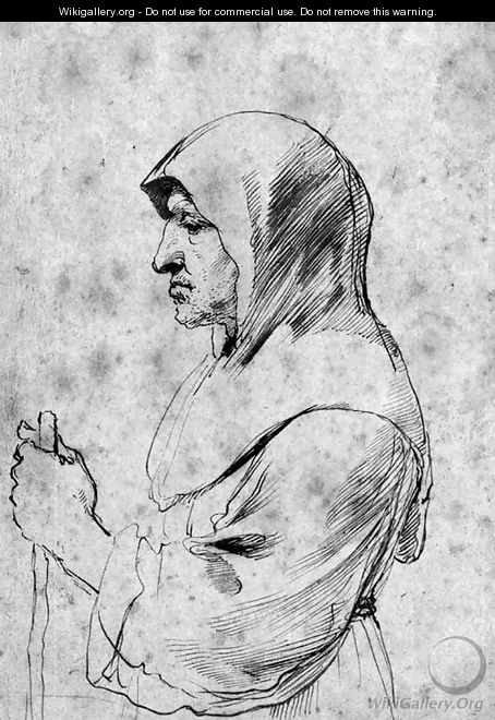 An old monk standing in profile to the left, holding a staff - Giovanni Francesco Guercino (BARBIERI)