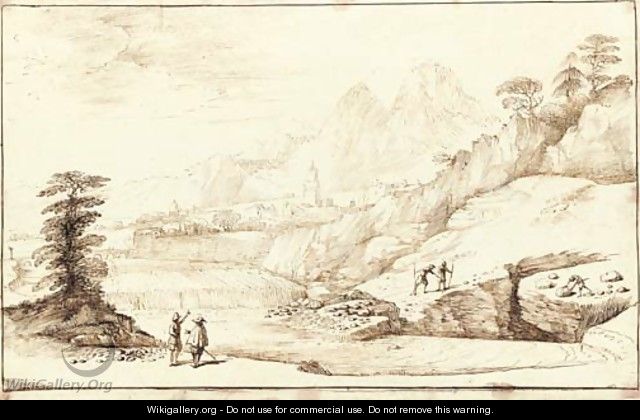 An extensive mountainous landscape with travellers - Giovanni Francesco Guercino (BARBIERI)