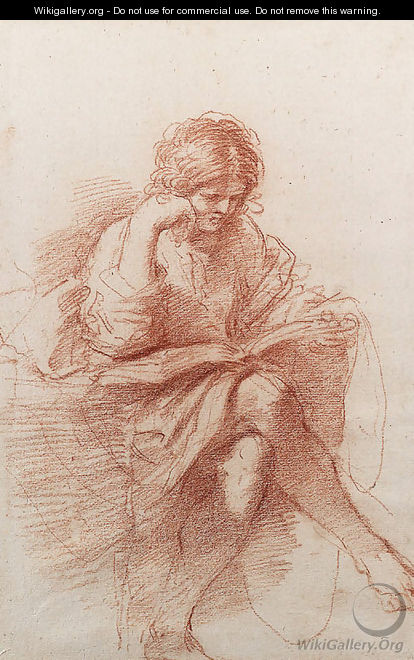 A seated youth reading, his head resting on his right hand - Giovanni Francesco Guercino (BARBIERI)