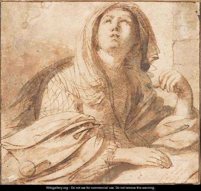 A seated sybil looking up to the left, half-length, resting her hand on a book - Giovanni Francesco Guercino (BARBIERI)