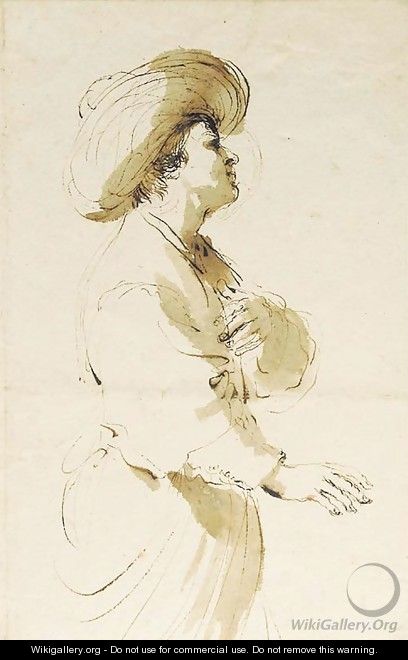 A man in a hat, three-quarter-length, in profile to the right - Giovanni Francesco Guercino (BARBIERI)