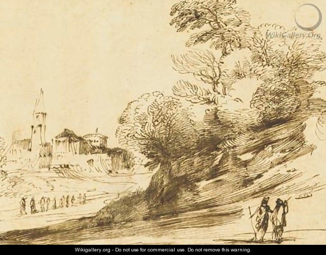 A landscape with two figures in the foreground, a town beyond - Giovanni Francesco Guercino (BARBIERI)