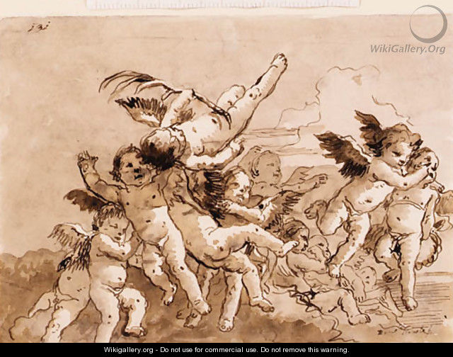 Angels in Flight, one holding a palm - Giovanni Domenico Tiepolo
