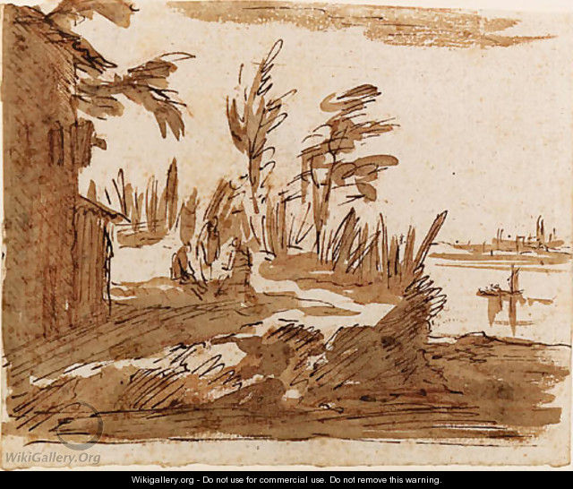 A View of the Lagoon with three Figures by a House, Venice in the background - Giovanni Domenico Tiepolo