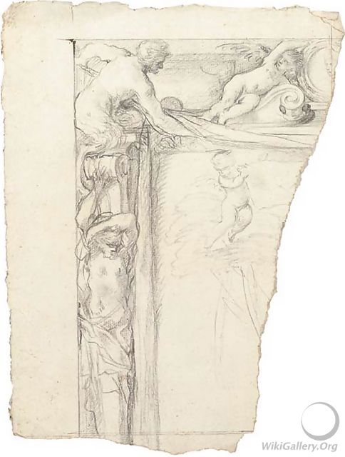 Design for a frame with an herm below a satyr and a putto supporting the portrait of a cardinal - Giovanni Francesco Romanelli