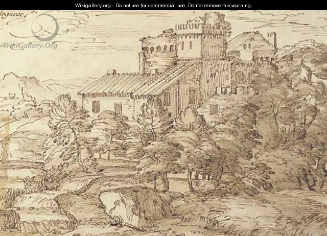 An extensive wooded landscape with fortified farm buildings - Giovanni Francesco Grimaldi