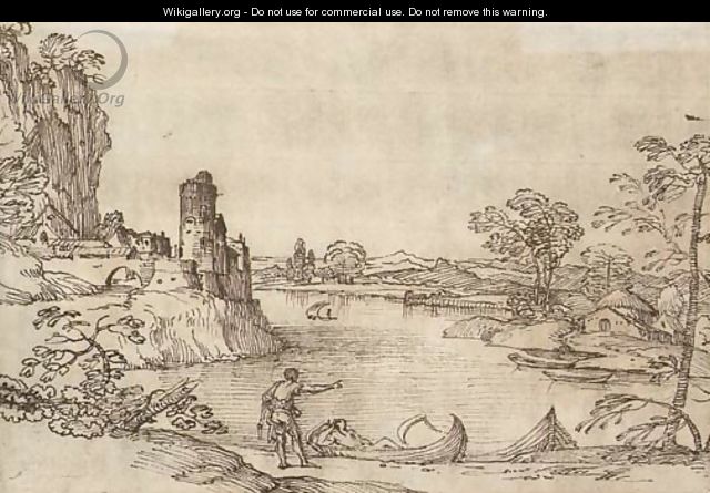 A landscape with boatmen by a lake and a village seen beyond - Giovanni Francesco Grimaldi