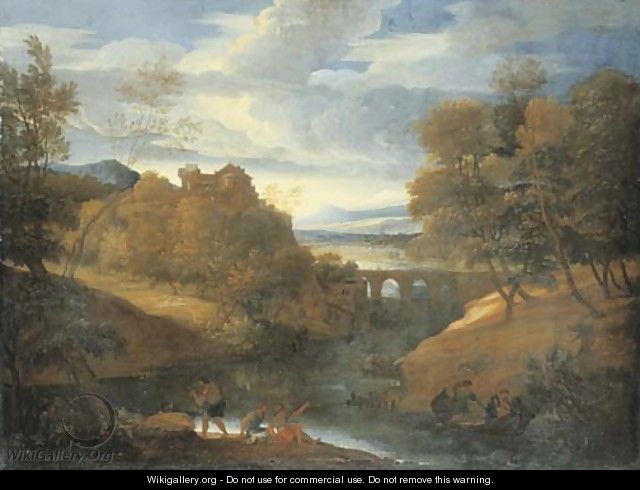 A classical river landscape with figures fishing - Giovanni Francesco Grimaldi