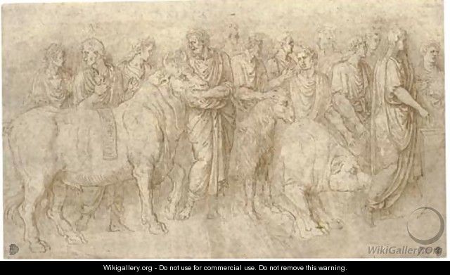 Priests leading a bull, a ram and a boar to an altar, after the Antique - Girolamo da Carpi
