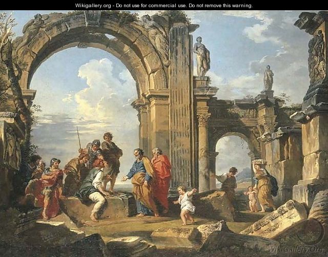 A capriccio of Roman ruins with the Parable of the Fishes - Giovanni Paolo Panini
