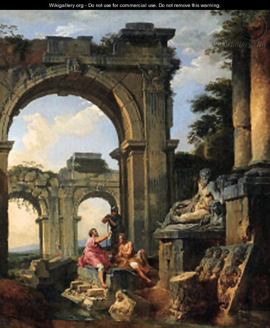 A capriccio of classical ruins with three figures conversing before a statue of a River God - Giovanni Paolo Panini