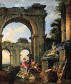 A capriccio of classical ruins with three figures conversing before a statue of a River God - Giovanni Paolo Panini