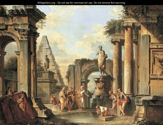 A capriccio of classical ruins with Diogenes throwing away his cup - Giovanni Paolo Panini