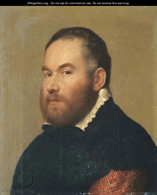 Portrait of a gentleman, bust-length in a brocaded red velvet doublet with a black cloak and a white collar - Giovanni Battista Moroni