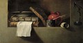 Books, a plate, an earthenware pitcher, an ink well and quill in a niche with an oil lamp on the wall nearby - Giovanni Battista Langetti