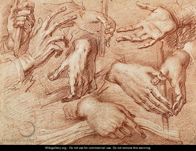 Eight studies of hands, one holding a stick, another a cross or book - Giovanni Battista Crespi (Cerano II)