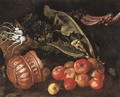Turnips in a basket with cauliflower, cardoon, apples and a copper pot on a ledge - Giovanni Battista Ruoppolo