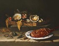 Shellfish in a basket, a lobster in a bowl and shells, a crayfish and a crab on a stone ledge - Giuseppe Recco