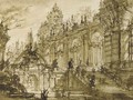 An architectural fantasy the entrance to a palace with a monumental staircase by a fountain - Giovanni Battista Piranesi