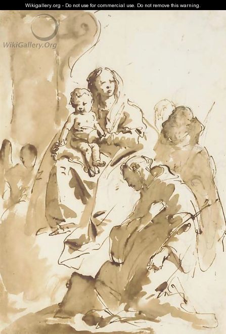 The Madonna and Child with Saint Anthony of Padua kneeling and two other Saints, an angel by a column in the background - Giovanni Battista Tiepolo