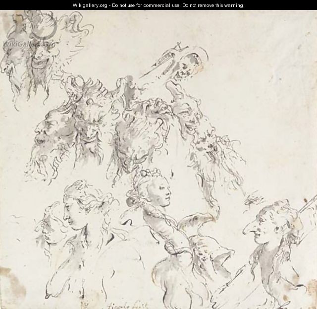 The heads of satyrs, women and other studies - Giovanni Battista Tiepolo